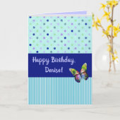 Bewerkbare Aqua Stippen en Strepen Met Vlinder Kaart (Gele Bloem)