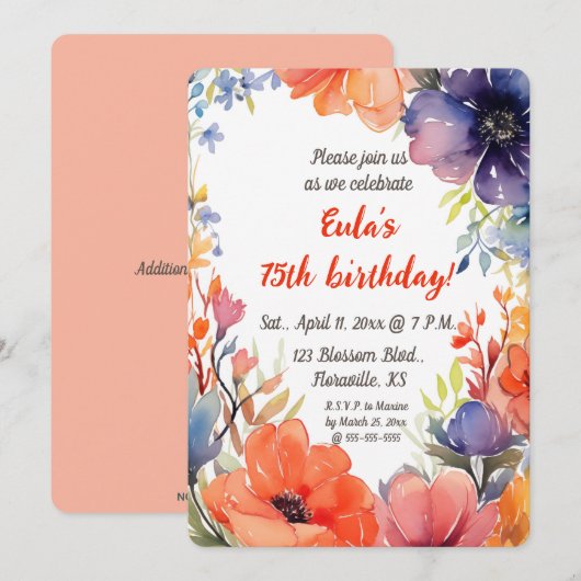 Bewerkbare aquarel bloemen verjaardag kaart (Voorkant / Achterkant)