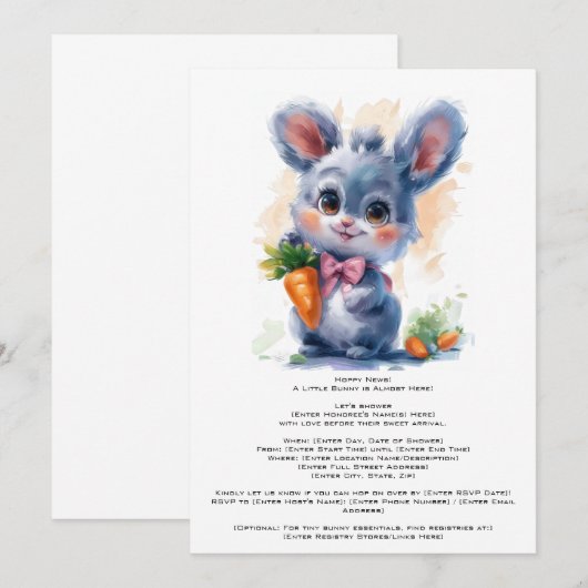 Bewerkbare aquarel Bunny Baby shower Invitation Kaart (Voorkant / Achterkant)