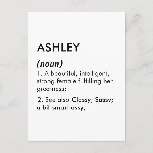 Bewerkbare Ashley naam definitie, aangepaste naam Briefkaart (Voorkant)