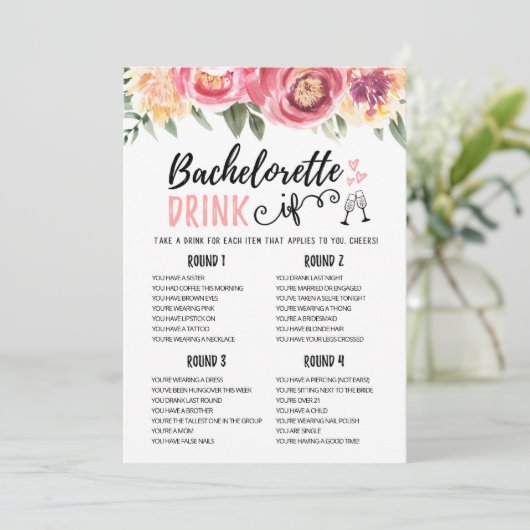 Bewerkbare Bachelorette DRINK IF Hen Party Game Ka Kaart (Staand voorkant)