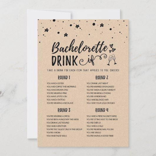 Bewerkbare Bachelorette DRINK IF Hen Party Game Ka Kaart (Voorkant)