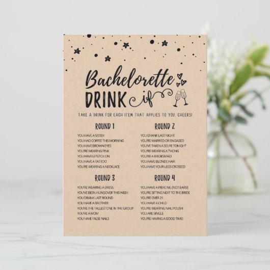 Bewerkbare Bachelorette DRINK IF Hen Party Game Ka Kaart (Staand voorkant)