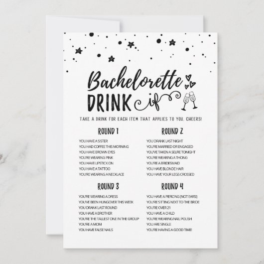 Bewerkbare Bachelorette DRINK IF Hen Party Game Ka Kaart (Voorkant)
