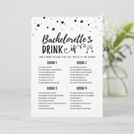 Bewerkbare Bachelorette DRINK IF Hen Party Game Ka Kaart (Staand voorkant)