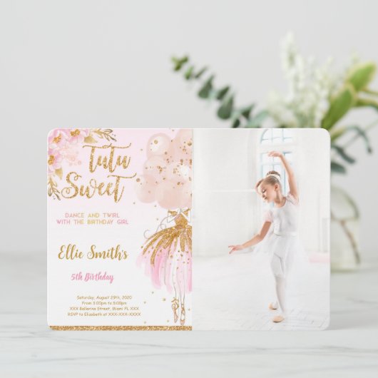 Bewerkbare Ballerina Foto Uitnodiging (Staand voorkant)