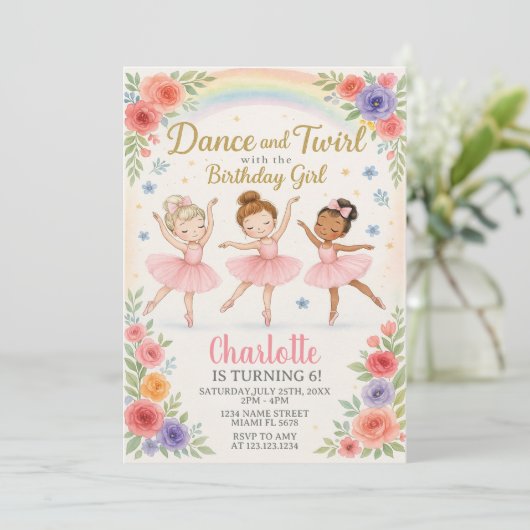 Bewerkbare Ballerina verjaardagsuitnodiging voor m Kaart (Staand voorkant)