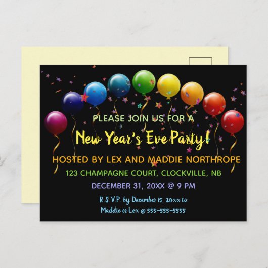Bewerkbare ballonnen sterren Confetti oudejaarsavo Uitnodiging Briefkaart (Voorkant / Achterkant)
