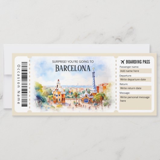 Bewerkbare Barcelona Plane Boarding Pass Ticket Kaart (Voorkant)