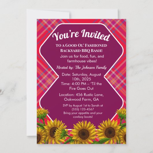 Bewerkbare Barnyard BBQ Cookout Nodig Gingham Red Kaart (Voorkant)