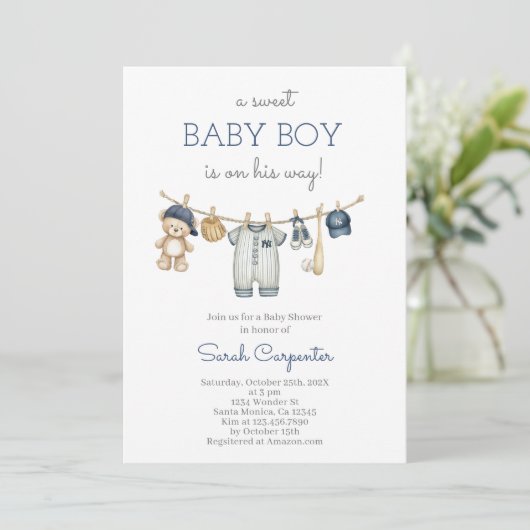 Bewerkbare Baseball Baby shower Boy Kaart (Staand voorkant)