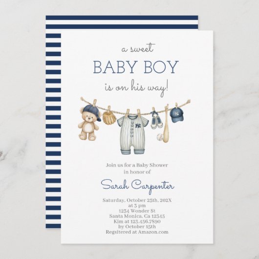 Bewerkbare Baseball Baby shower Boy Kaart (Voorkant / Achterkant)