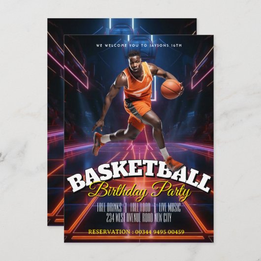 Bewerkbare basketbal verjaardagsuitnodiging flyer kaart (Voorkant / Achterkant)