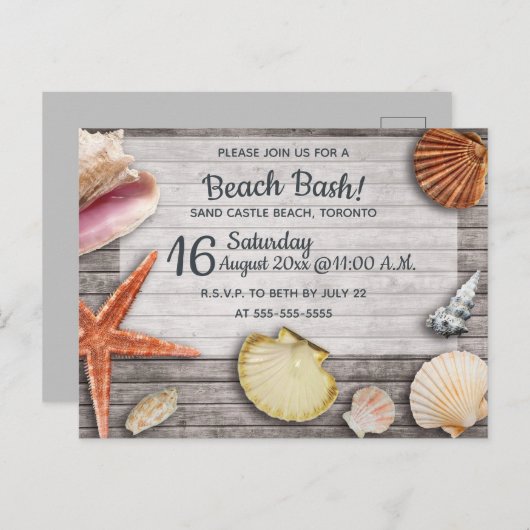 Bewerkbare Beach Bash Shells Party Uitnodiging (Voorkant / Achterkant)