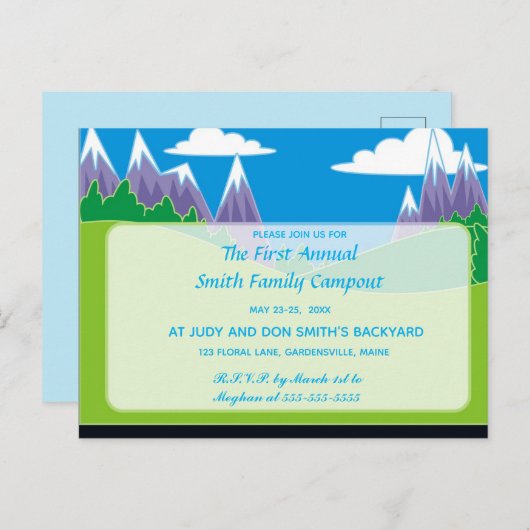 Bewerkbare bergen en Park Campout uitnodiging (Voorkant / Achterkant)