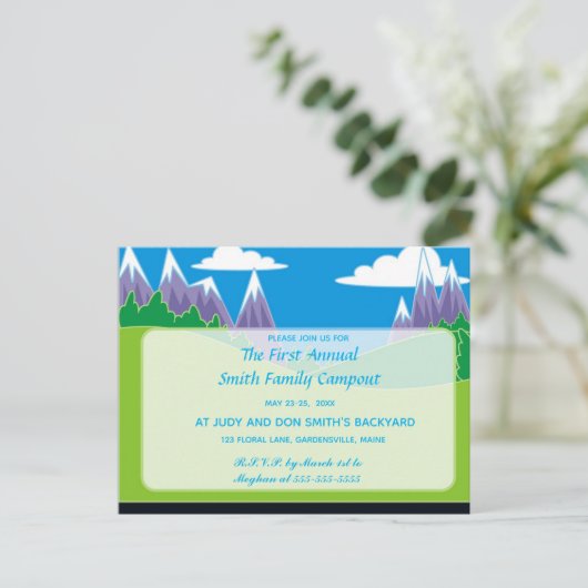 Bewerkbare bergen en Park Campout uitnodiging (Staand voorkant)