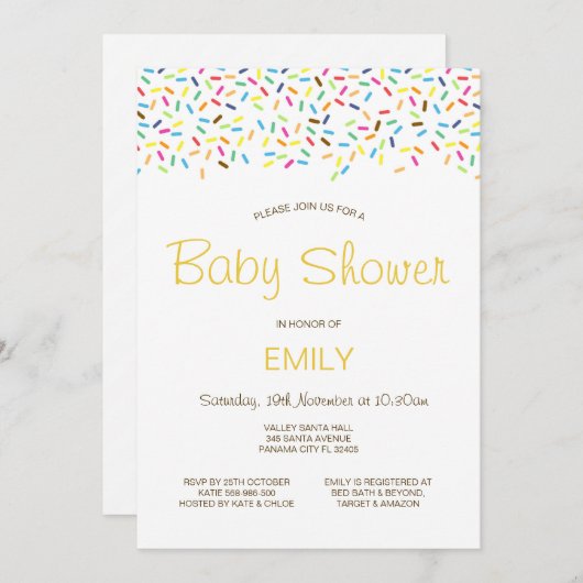 Bewerkbare besproeide babyshower uitnodiging gedru (Voorkant / Achterkant)