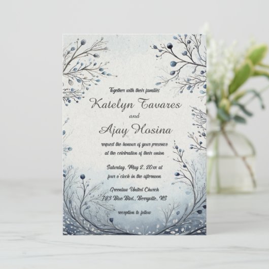 Bewerkbare bessen op Blue Wedding Kaart (Staand voorkant)