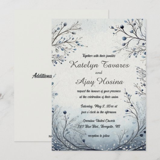 Bewerkbare bessen op Blue Wedding Kaart (Voorkant / Achterkant)