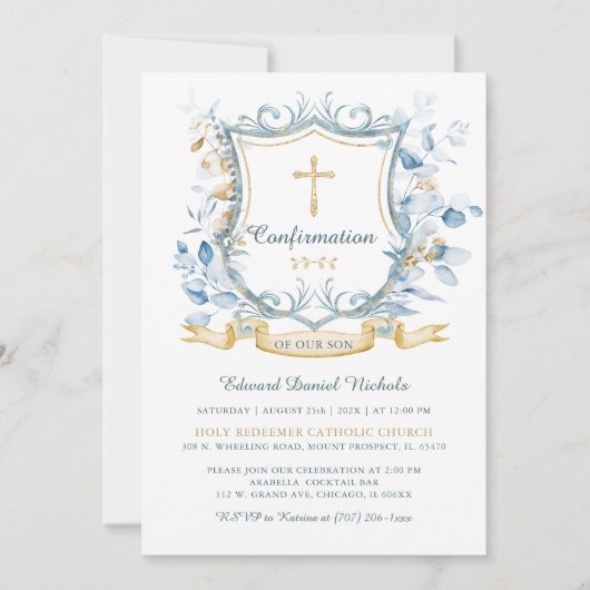 Bewerkbare bevestiging Blauw en Goud Monogram Kaart (Voorkant)