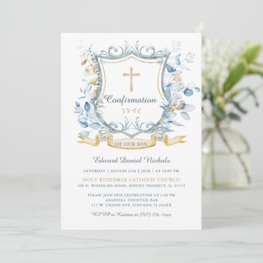 Bewerkbare bevestiging Blauw en Goud Monogram Kaart (Staand voorkant)