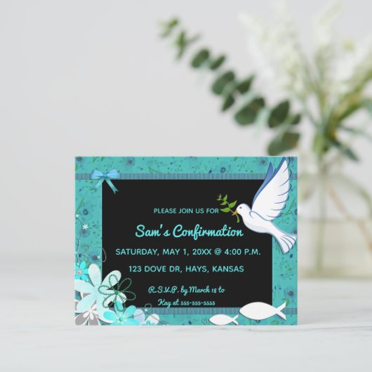 Bewerkbare bevestiging van duif en vis uitnodiging briefkaart (Staand voorkant)