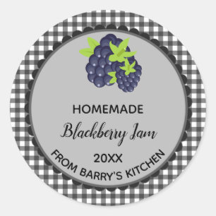 Bewerkbare Black Gingham Blackberry Jam Labels