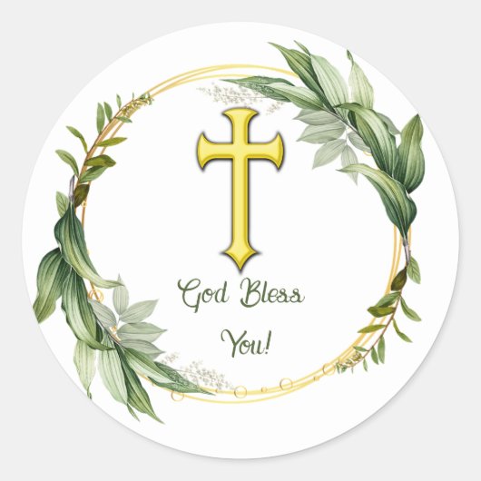 Bewerkbare bladkrans en kruis God zegene u Ronde Sticker (Voorkant)