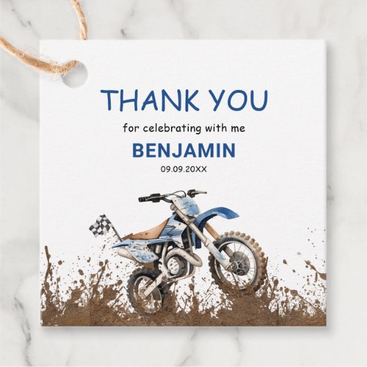 Bewerkbare blauwe ATV wieler fiets verjaardagscirk Bedankjes Labels (Voorkant)