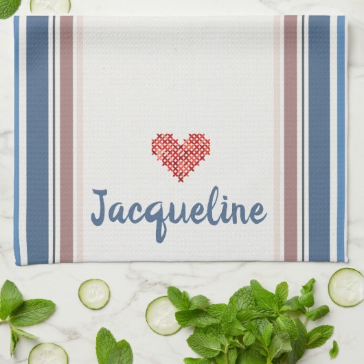 Bewerkbare blauwe beige gestreepte keukenhanddoek (Gevouwen)