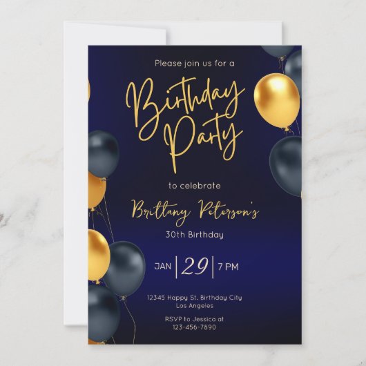 Bewerkbare blauwe en gouden verjaardagsuitnodiging kaart (Voorkant)