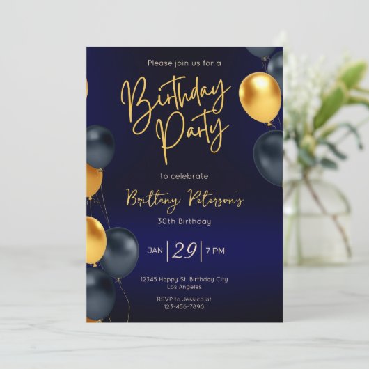 Bewerkbare blauwe en gouden verjaardagsuitnodiging kaart (Staand voorkant)