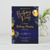 Bewerkbare blauwe en gouden verjaardagsuitnodiging kaart (Staand voorkant)
