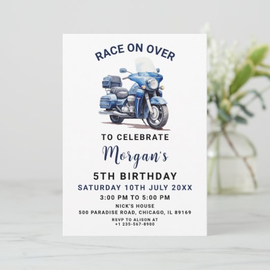 Bewerkbare blauwe motorfiets verjaardagsuitnodigin kaart (Staand voorkant)