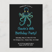 Bewerkbare Blauwe Octopus Uitnodiging Briefkaart (Voorkant)