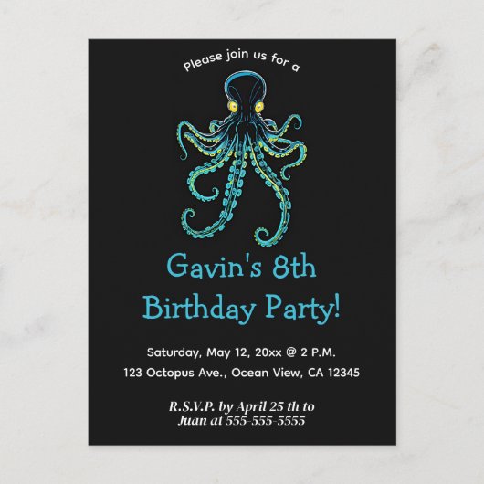 Bewerkbare Blauwe Octopus Uitnodiging Briefkaart (Voorkant)