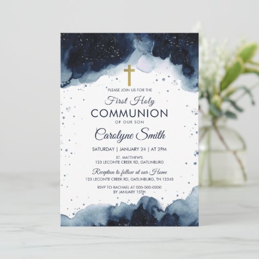 Bewerkbare Blauwe Waterverf Eerste Heilige Communi Kaart (Staand voorkant)