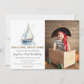 Bewerkbare blauwe zeilboot foto verjaardag uitnodi kaart (Voorkant)
