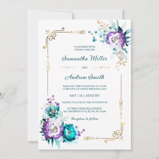 Bewerkbare Blauwgroen en Paarse gouden bruiloft Kaart (Voorkant)