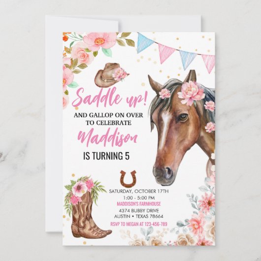 Bewerkbare Bloemen Cowgirl Paard Verjaardag Uitnod Kaart (Voorkant)