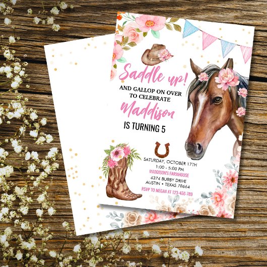 Bewerkbare Bloemen Cowgirl Paard Verjaardag Uitnod Kaart