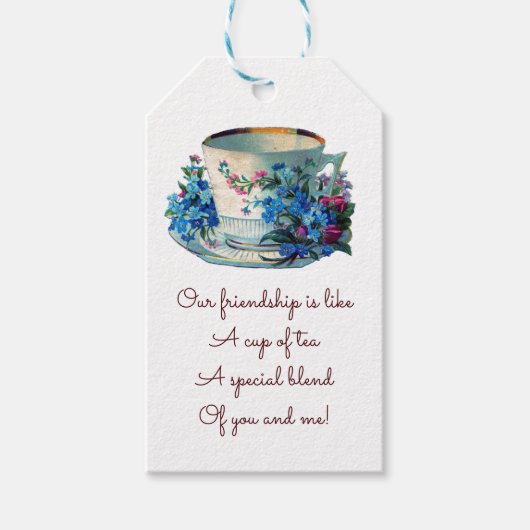 Bewerkbare bloemen en beker met gouden velg theeza cadeaulabel (Voorkant)