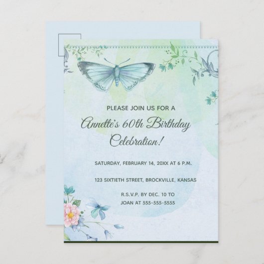 Bewerkbare bloemen en Butterfly verjaardagsuitnodi Uitnodiging Briefkaart (Voorkant / Achterkant)