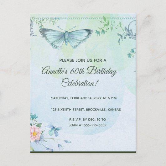 Bewerkbare bloemen en Butterfly verjaardagsuitnodi Uitnodiging Briefkaart (Voorkant)