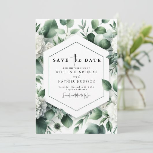Bewerkbare Bloemen Eucalyptus Digitale Huwelijk Save The Date (Staand voorkant)
