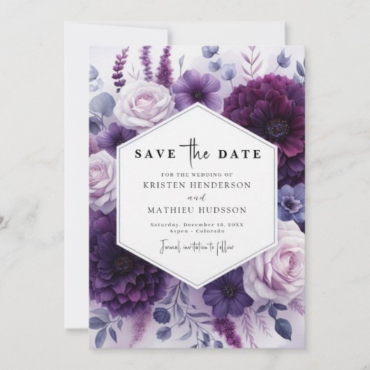 Bewerkbare Bloom Paarse Bloemenbruiloft Save The Date (Voorkant)