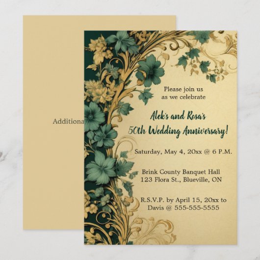 Bewerkbare Blue Flowers Gold Swirls Jubileum Kaart (Voorkant / Achterkant)