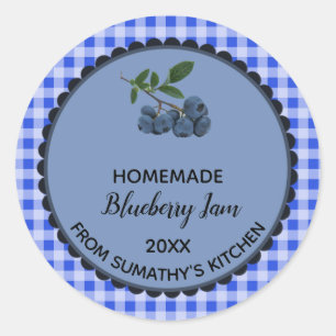 Bewerkbare Blue Gingham Blueberry Jam Label Sticke
