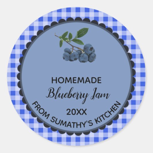 Bewerkbare Blue Gingham Blueberry Jam Label Sticke (Voorkant)
