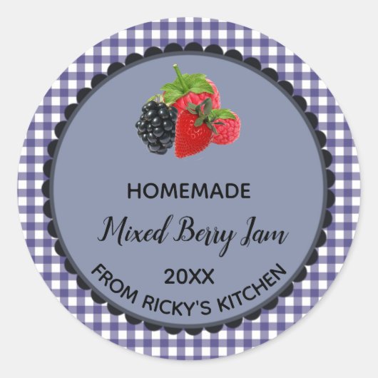 Bewerkbare Blue Gingham Mixed Berry Jam Label Stic (Voorkant)